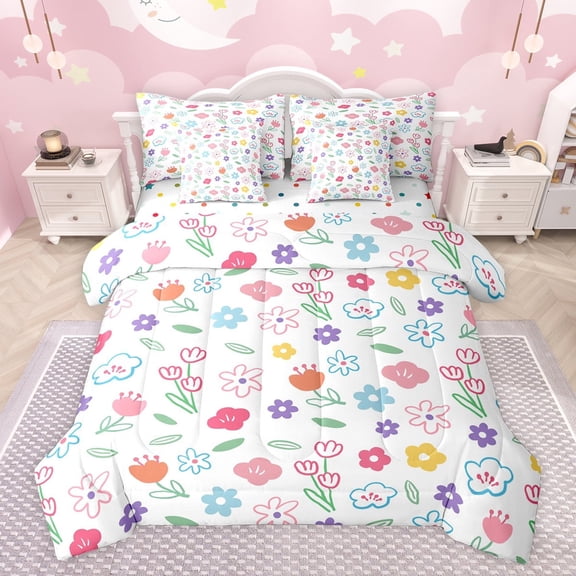 jejeloiu Kawaii Flowers 7-Piece Bedding Comforter Set,Watercolor Graffiti Floral King Bedding Sets,Cartoon Daisy Tulip Bed Sheets For Girls Teens,Luxury Bedroom Decor Reversible