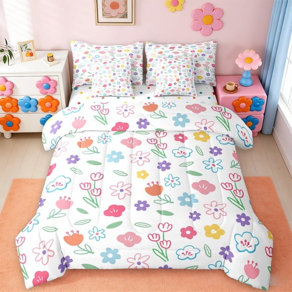 jejeloiu Kawaii Flowers 7pcs Bedding Comforter Set,Watercolor Graffiti Floral Queen Bedding Sets,Cartoon Daisy Tulip Queen Sheet Sets For Girls Teens,Luxury Bedroom Decor Reversible