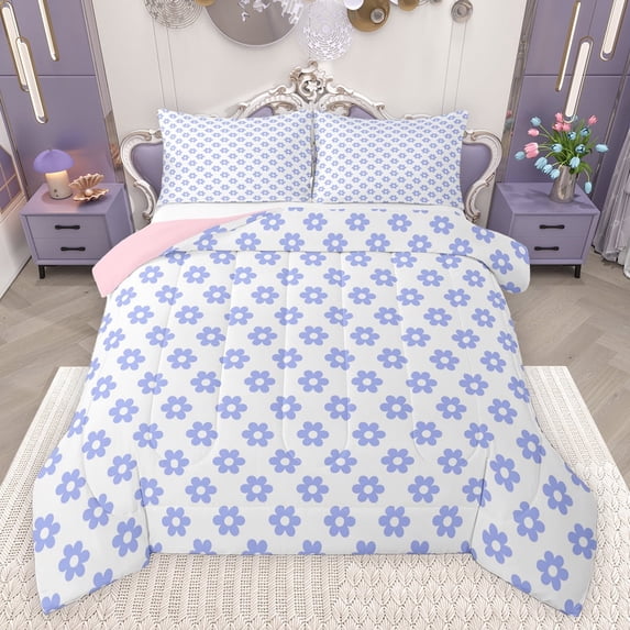 jejeloiu Kawaii Flowers Blossom Bedding Comforter Set,Cartoon Floral Twin Comforter Sets,White Purple Bedding Set For Girls Teens,Luxury Bedroom Decor Reversible,2 Pieces