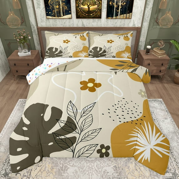 jejeloiu Kawaii Flowers Blossom Queen Comforter Set,Vintage Bohemian Style Bedding Sets,Tropical Monstera Leaf Bedding Comforter Set For Girls Teens,Super Cozy Room Decor Reversible,3-Piece