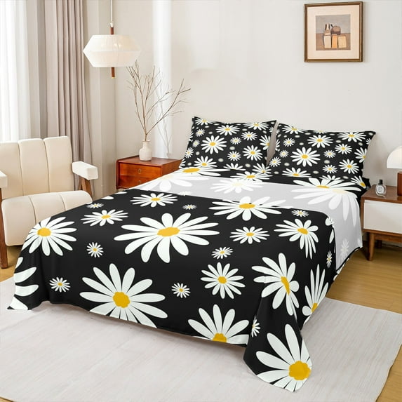jejeloiu Kawaii Flowers Blossom Twin Sheet Sets,Cartoon Floral Twin Fitted Sheet,White Cute Daisy Flat Sheet For Girls Teens,Luxury Bedroom Decor,3 Pieces