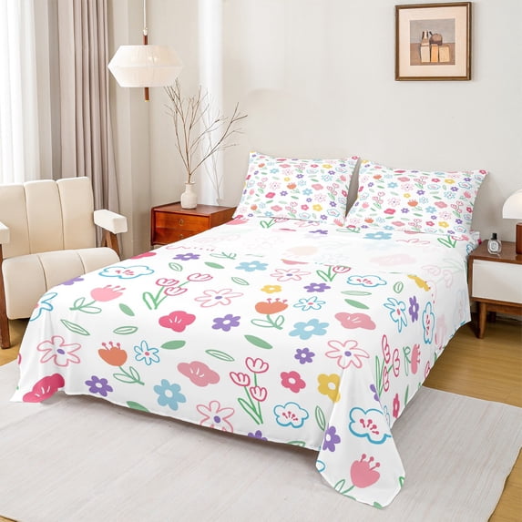 jejeloiu Kawaii Flowers Queen Sheet Sets,Watercolor Graffiti Floral Flat Sheet,Cartoon Daisy Tulip Queen Fitted Sheet For Girls Teens,Luxury Bedroom Decor,4-Piece