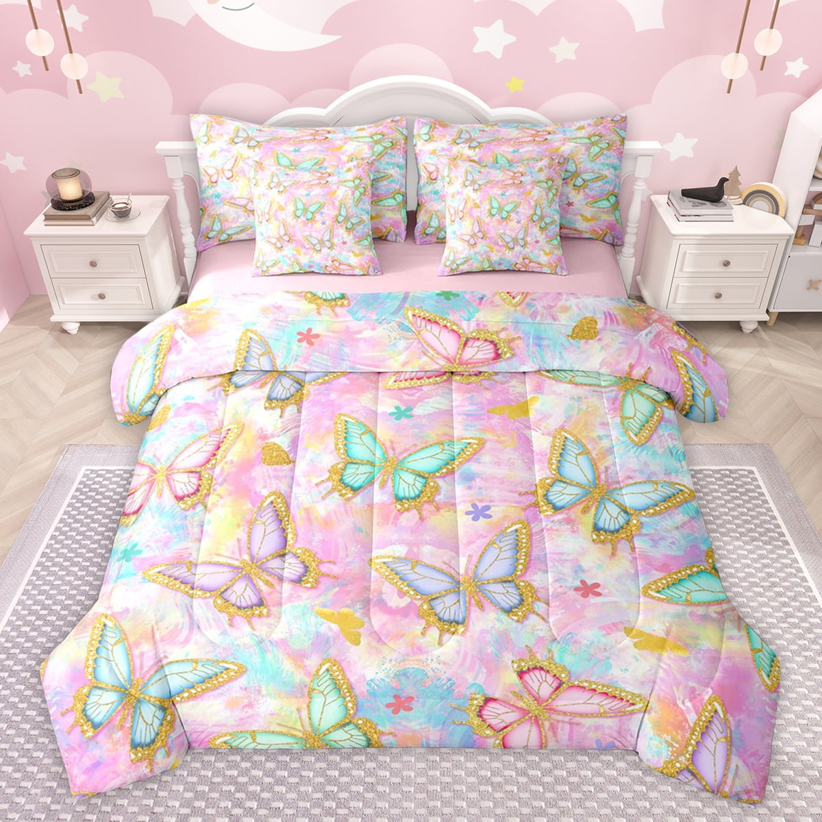 jejeloiu Kawaii Flying Butterfly 7-Piece Bedding Comforter Set,Watercolor Graffiti Artwork King Bedding Sets,Colorful Gradient Bed Sheets For Girls,Microfiber Bedroom Decor Reversible