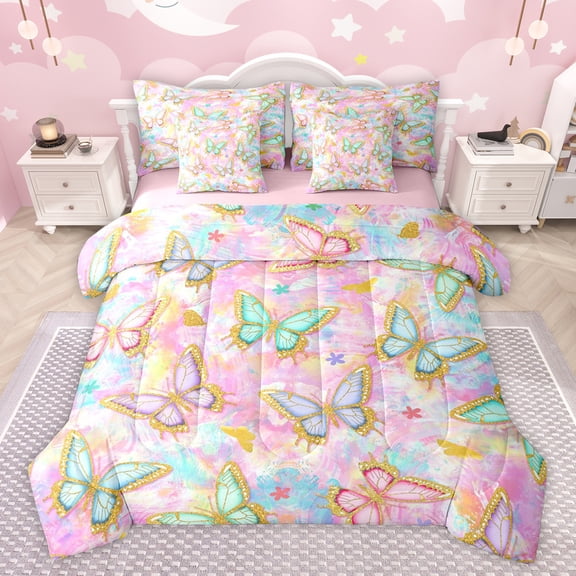 jejeloiu Kawaii Flying Butterfly 7-Piece Bedding Comforter Set,Watercolor Graffiti Artwork King Bedding Sets,Colorful Gradient Bed Sheets For Girls,Microfiber Bedroom Decor Reversible