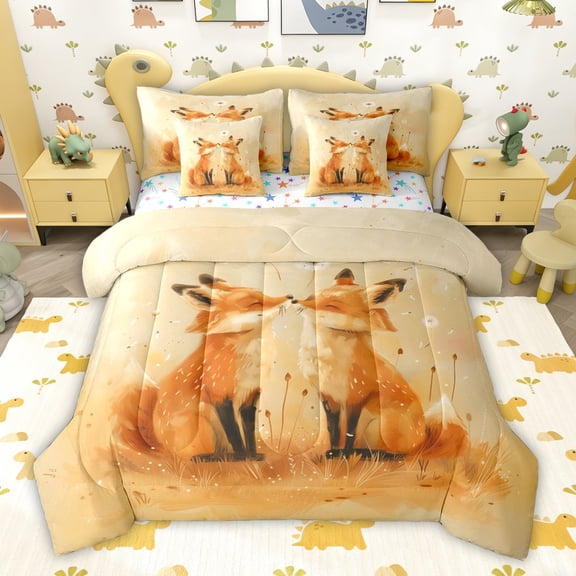 jejeloiu Kawaii Fox 7pcs Bedding Comforter Set,Jungle Wildlife Queen Bedding Sets For Boys Kids Reversible