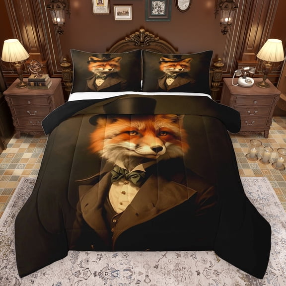 jejeloiu Kawaii Fox Bedding Comforter Set,Wild Animal Twin Comforter Sets,Black Orange Bedding Set For Girls Boys,Breathable Home Decor Reversible,2-Piece