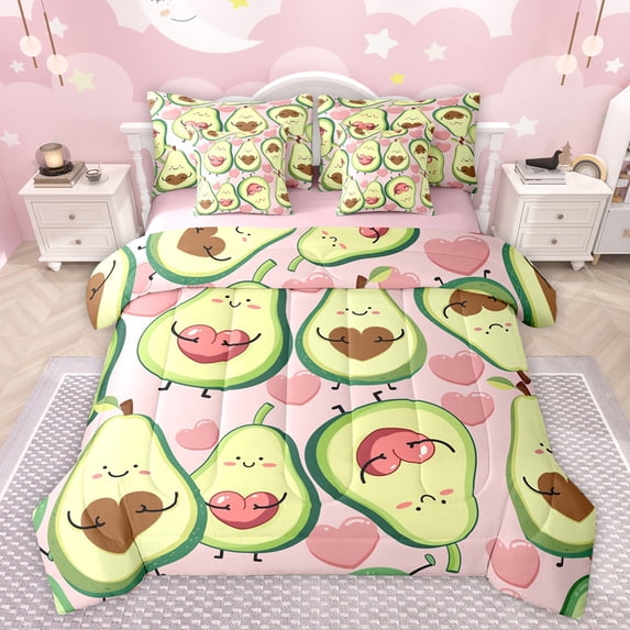 jejeloiu Kawaii Fruit Avocado 7pcs Bedding Comforter Set,Cartoon Heart Print Queen Bedding Sets,Green Pink Queen Sheet Sets For Boys Girls,Microfiber Bedroom Decor Reversible