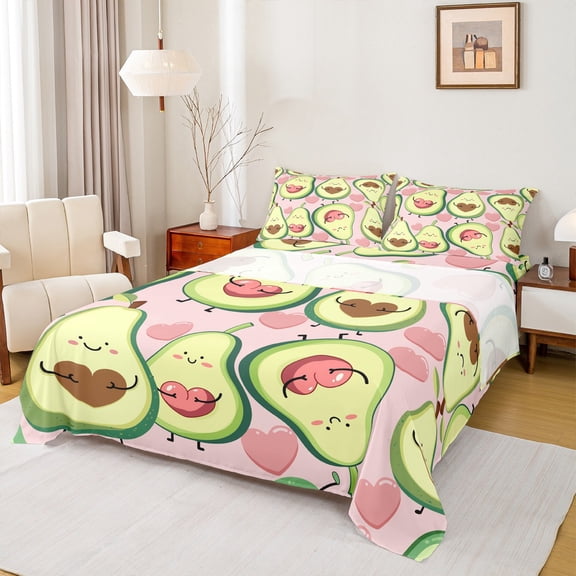 jejeloiu Kawaii Fruit Avocado Bed Sheets,Cartoon Heart Print King Sheets,Green Pink Sheet Set For Boys Girls,Microfiber Bedroom Decor,4pcs