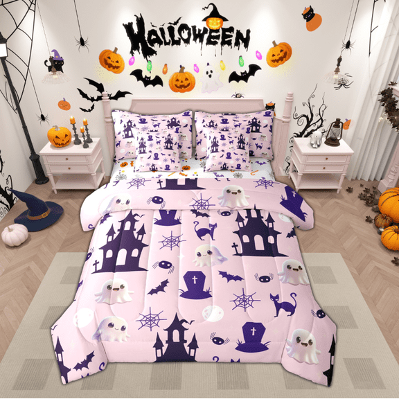 jejeloiu Kawaii Ghost Bedding Comforter Set 7-Piece,Spooky Castle Bats King Bedding Sets,Halloween Spider Webs Bed Sheets,Microfiber Bedroom Decor Reversible