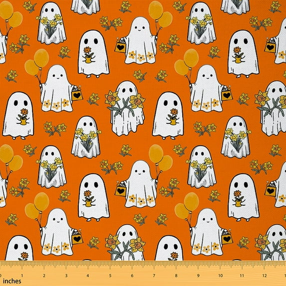 jejeloiu Kawaii Ghost Fabric by the Yard 10 Yards,Happy Halloween Room Decor Fabric by the Yard,Yellow Floral Ballon Sewing Fabric For Teens Girl,Super Cozy Room Decor
