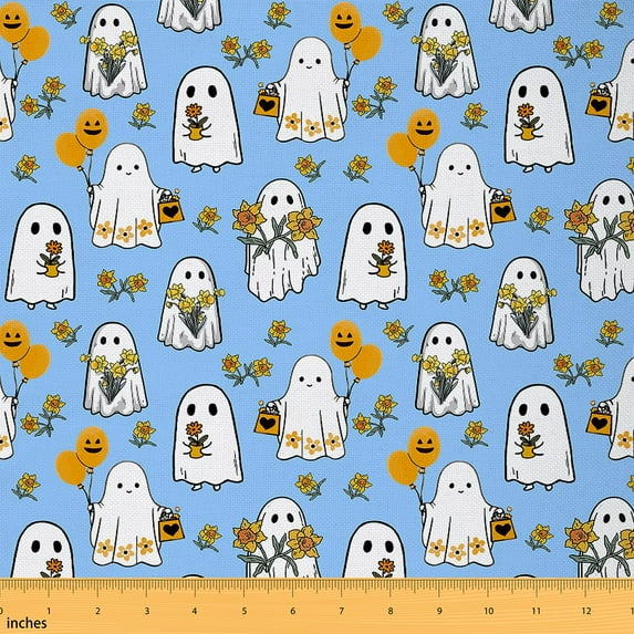 jejeloiu Kawaii Ghost Fabric by the Yard 2 Yards,Happy Halloween Room Decor Fabric by the Yard,Vintage Floral Ballon Fabric for Sewing For Teens Girl,Super Cozy Room Decor