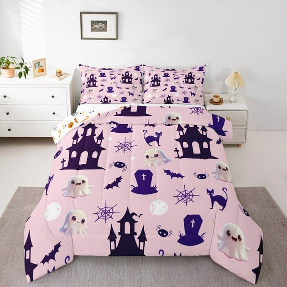 jejeloiu Kawaii Ghost King Size Comforter Sets,Spooky Castle Bats Bedding Comforter Set,Halloween Spider Webs Bedding Set,Microfiber Bedroom Decor Reversible,3pcs