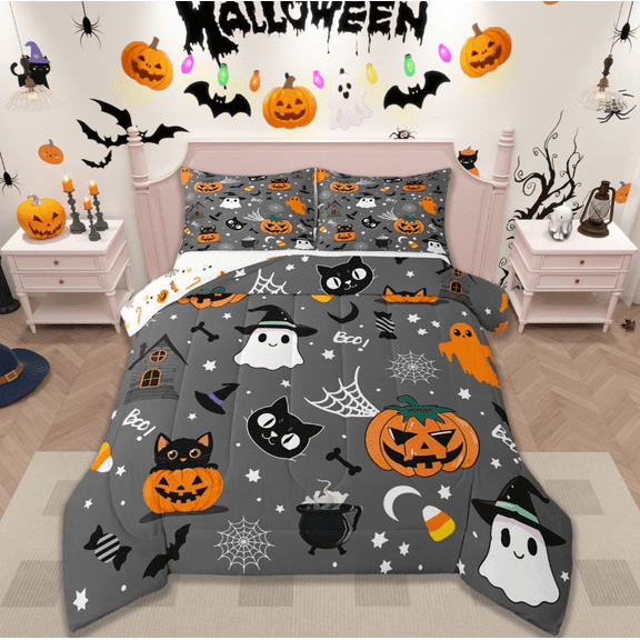 jejeloiu Kawaii Ghost Pumpkin Bedding Comforter Set,Happy Halloween Twin Comforter Sets,Spider Webs Bat Bedding Set,Microfiber Room Decorative Reversible,2-Piece