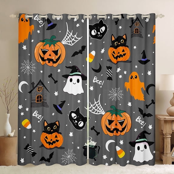jejeloiu Kawaii Ghost Pumpkin Blackout Curtains Set of 2 (52x84 Each),Happy Halloween Window Curtains,Spider Webs Bat Curtains and Drapes,Microfiber Room Decorative