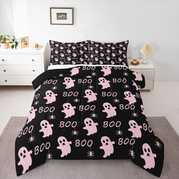jejeloiu Kawaii Ghost Spider Bedding Comforter Set,Halloween Theme Twin Comforter Sets,Pink Black Bedding Set For Girls,Lightweight Room Decor Reversible,2pcs