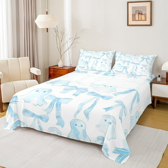 jejeloiu Kawaii Ghost Twin Sheet Sets,Girls Bow Knot Twin Fitted Sheet,Blue White Ink Flat Sheet,Breathable Bedroom Decorative,3 Pieces