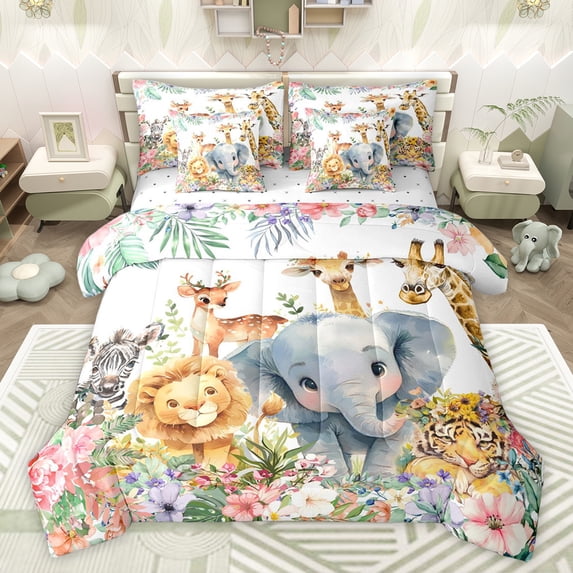 jejeloiu Kawaii Giraffe Deer 7-Piece Bedding Comforter Set,Zoo Elephant Zebra King Bedding Sets,Kawaii Flowers Floral Bed Sheets For Girls Boys,Microfiber Bedroom Decor Reversible