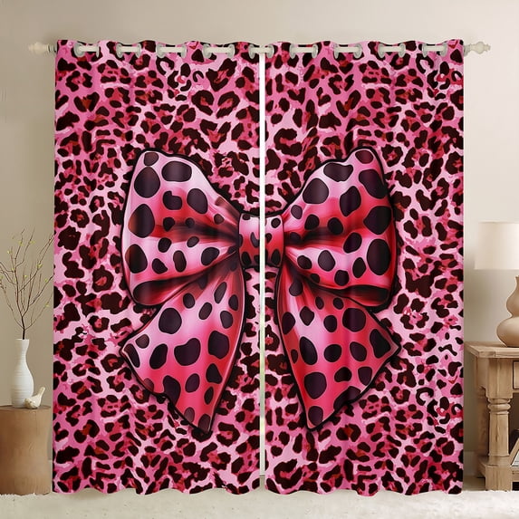 jejeloiu Kawaii Girls Bowtie Blackout Curtains Set of 2 (52x84 Each),Leopard Print Bow Window Curtains,Pink Bow Knot Curtains and Drapes For Kids,Breathable Home Decor