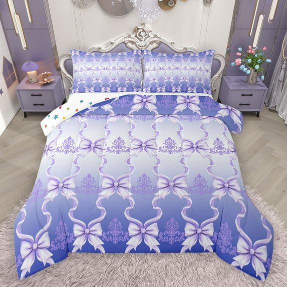 jejeloiu Kawaii Girls Bowtie Queen Comforter Set,Cartoon Cute Bow Bedding Sets,White Purple Bedding Comforter Set For Kids,Breathable Home Decor Reversible,3-Piece