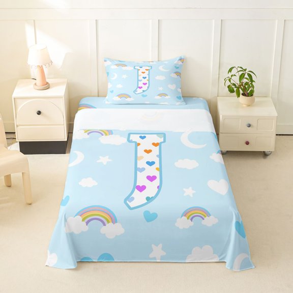 jejeloiu Kawaii Girls Personalized Gifts Twin Sheet Sets For Kids,Rainbow Heart Initial J Art Bedding,3 Pieces