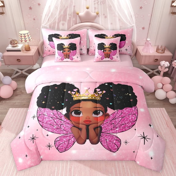 jejeloiu Kawaii Girly Princess 7pcs Bedding Comforter Set,Fairy Tale Theme Queen Bedding Sets,Chic Glass Wings Queen Sheet Sets For Kids,Breathable Home Decor Reversible