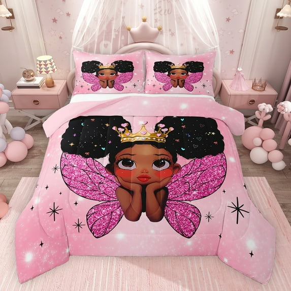 jejeloiu Kawaii Girly Princess Bedding Comforter Set,Fairy Tale Theme Twin Comforter Sets,Chic Glass Wings Bedding Set For Kids,Breathable Home Decor Reversible,2-Piece