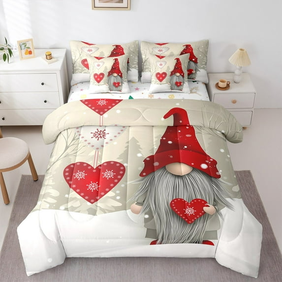 jejeloiu Kawaii Gnome Bedding Comforter Set 7-Piece,Christmas Snowflake King Bedding Sets,Red White Beige Bed Sheets,Ultra Soft Home Decor Reversible