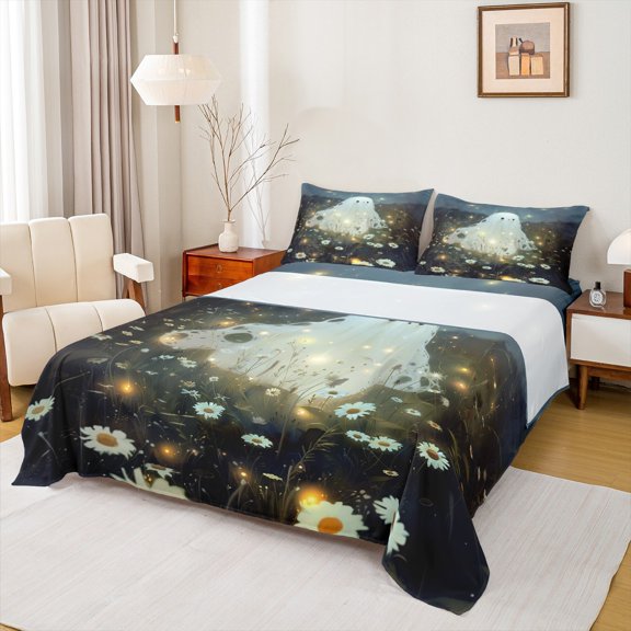 jejeloiu Kawaii Halloween Ghost King Sheet Set,Rustic Floral Orange Firefly,Cozy Decor,4-Piece