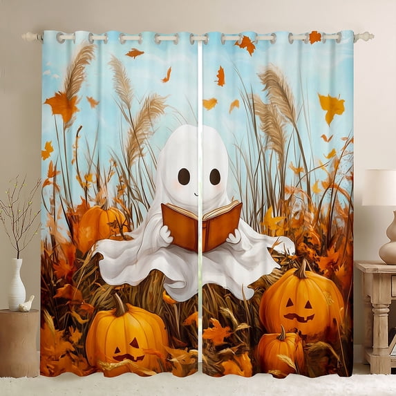 jejeloiu Kawaii Halloween Ghost Curtains and Drapes,Autumn Fall Maples Black Out Curtains,Cartoon Pumpkin Lantern Curtains Pack of 2 (52x63 Each) For Child,Luxury Bedroom Decor