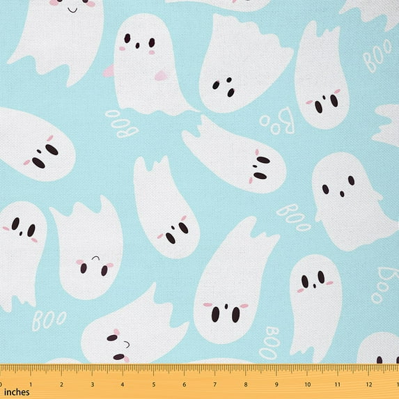 jejeloiu Kawaii Halloween Ghost Fabric by the Yard 1 Yard,Trick Or Treat Home Decor Fabric by the Yard,White Blue Sewing Fabric For Teens Girl,Super Cozy Room Decor