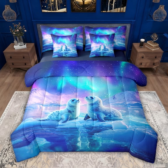 jejeloiu Kawaii Harbor Seal 7-Piece Twin Bedding Sets,Universe Starry Night Bedding Comforter Set For Adults Reversible