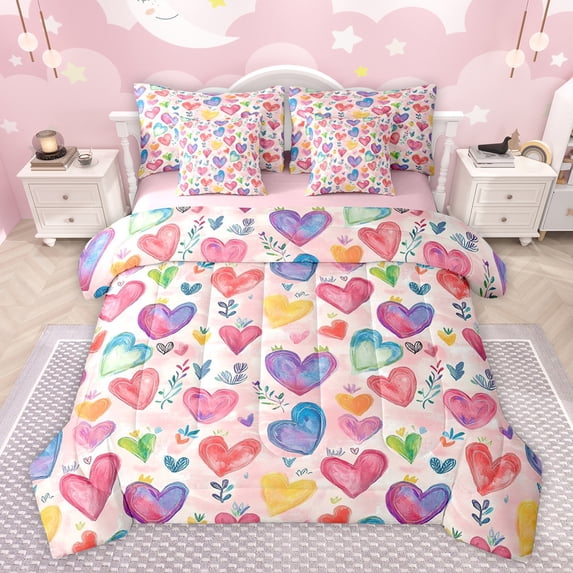 jejeloiu Kawaii Heart Print 7-Piece Bedding Comforter Set,Happy Valentine'S Day King Bedding Sets,Colorful Graffiti Loves Bed Sheets For Girls,Microfiber Bedroom Decor Reversible