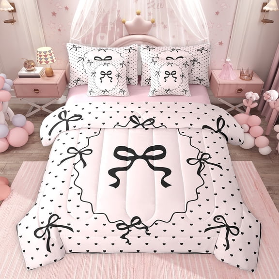 jejeloiu Kawaii Heart Print 7-Piece Twin Bedding Sets,Cartoon Bowknot Bowtie Bedding Comforter Set For Girl Reversible