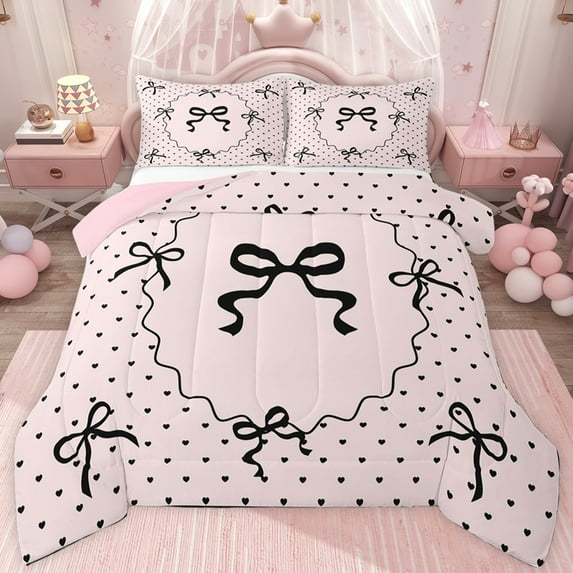 jejeloiu Kawaii Heart Print Twin Comforter Sets,Cartoon Bowknot Bowtie Bedding Set For Girl Reversible 2pcs
