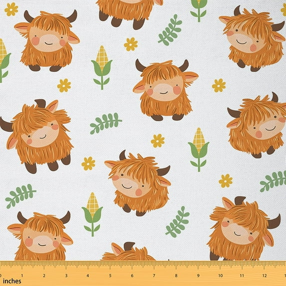 jejeloiu Kawaii Highland Cattle Fabric by the Yard 1 Yard,Yellow Flower Floral Home Decor Fabric by the Yard,Rustic Farmhouse Lodge Sewing Fabric For Girls Boys,Breathable Home Decor