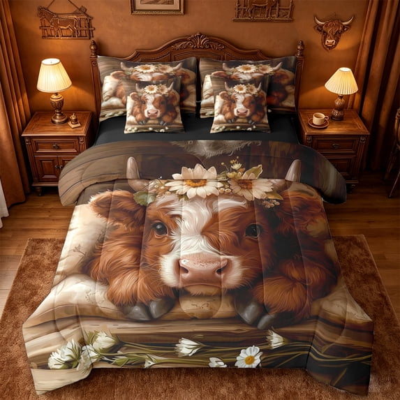 jejeloiu Kawaii Highland Cow 7-Piece Bedding Comforter Set Kids,Rustic Botanical Daisy King Bedding Sets,Reversible