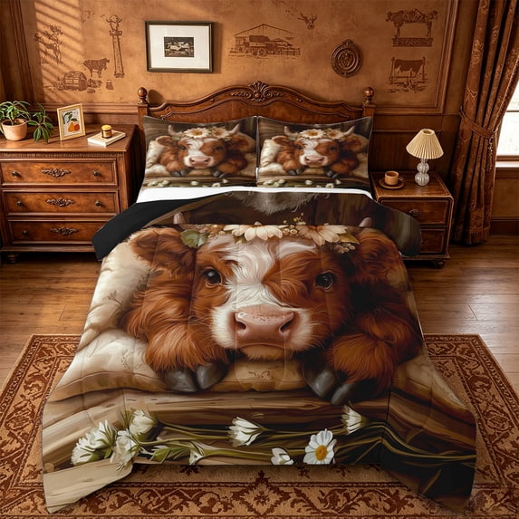 jejeloiu Kawaii Highland Cow Queen Comforter Set Kids,Rustic Botanical Daisy Bedding Comforter Set,Reversible,3 Pieces