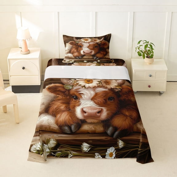 jejeloiu Kawaii Highland Cow Twin Sheet Sets Kids,Rustic Botanical Daisy Bedding,3pcs