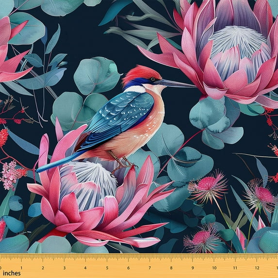 jejeloiu Kawaii Hummingbird Fabric by the Yard 3 Yards,Rustic Floral Flower Sewing Fabric,Pink King Protea Fabric for Sewing For Children,Breathable Home Decor