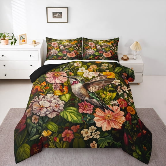jejeloiu Kawaii Hummingbird Queen Comforter Set,Country Flower Floral Bedding Sets,Rustic Farmhouse Cabin Bedding Comforter Set For Kids,Breathable Home Decor Reversible,3pcs