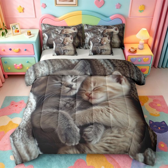 jejeloiu Kawaii Kitten 7-Piece Twin Bedding Sets Kids,Cute Pet Animal Bedding Comforter Set,Reversible