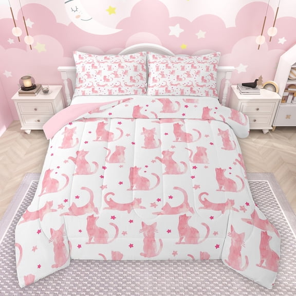jejeloiu Kawaii Kitten Bedding Comforter Set,Cute Stars Print Twin Comforter Sets,Pink Cat Bedding Set For Girls Teens,Super Cozy Room Decor Reversible,2-Piece