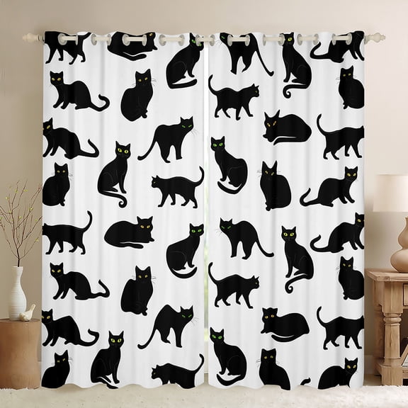 jejeloiu Kawaii Kitten Black Out Curtains,Cartoon Cute Cats Curtains Pack of 2 (42x63 Each),White Black Bedroom Curtains For Girls Boys,Super Cozy Room Decor