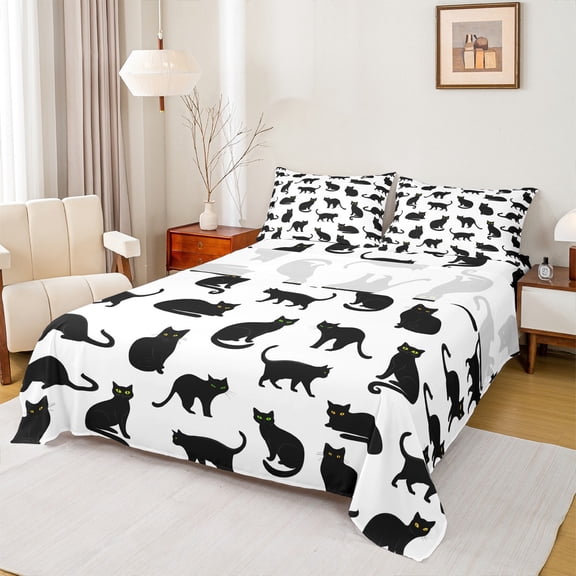 jejeloiu Kawaii Kitten Full Size Sheets,Cartoon Cute Cats Bed Sheets,White Black Sheet Sets For Girls Boys,Super Cozy Room Decor,4-Piece