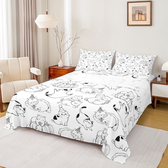 jejeloiu Kawaii Kitten Full Size Sheets,Cute Graffiti Cat Bed Sheets,White Black Sheet Sets For Girls Teens,Super Cozy Room Decor,4-Piece
