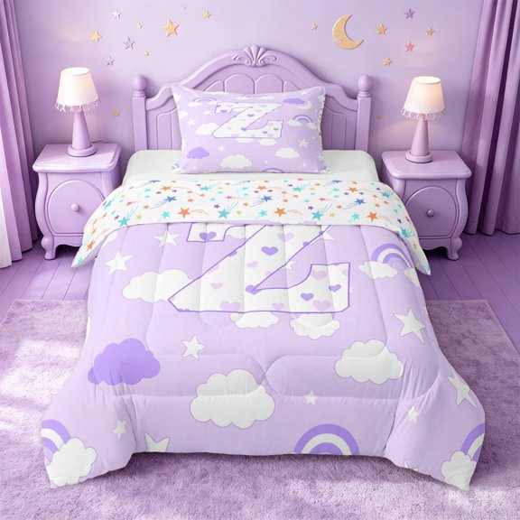 jejeloiu Kawaii Loves Monogram Z Twin Comforter Sets For Kids,Purple Rainbow Stars Print Bedding Set,Colorful Stars Reversible,2-Piece