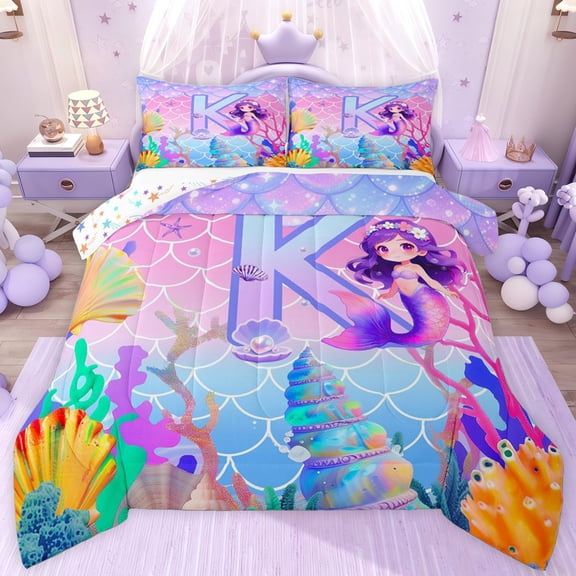 jejeloiu Kawaii Mermaid Print Twin Comforter Sets,Letter K Monogrammed Bedding Set For Girls Kids Reversible 2 Pieces