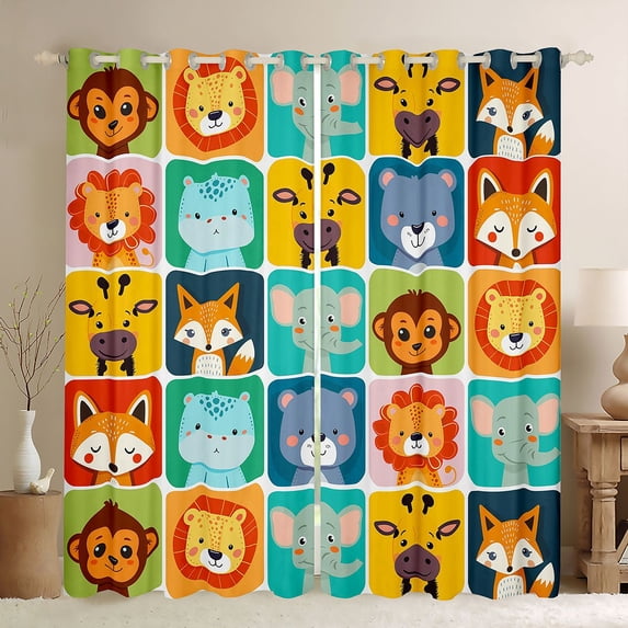 jejeloiu Kawaii Monkey Lions Blackout Curtains Set of 2 (52x84 Each),Safari Fox Elephant Window Curtains For Kids