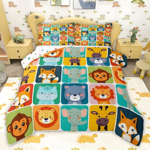 jejeloiu Kawaii Monkey Lions Full Size Comforter Sets,Safari Fox Elephant Bedding Sets For Kids Reversible 3-Piece
