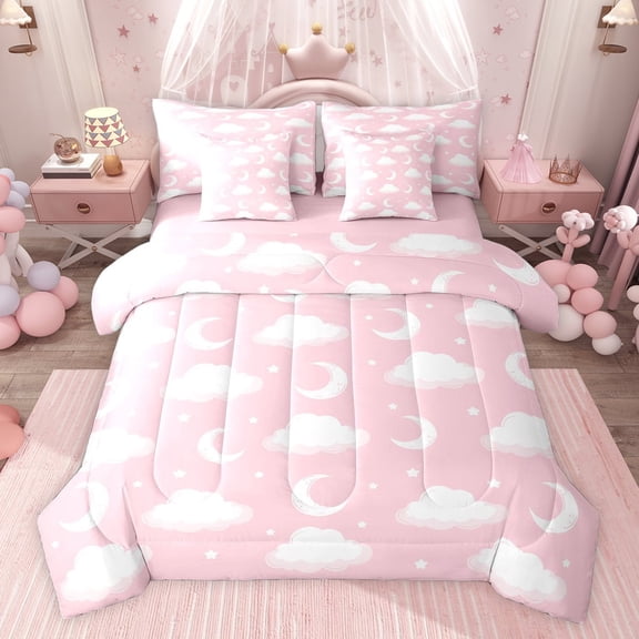 jejeloiu Kawaii Moon Clouds 7-Piece Twin Bedding Sets,Cure Stars Pattern Bedding Comforter Set For Girl Teens Reversible